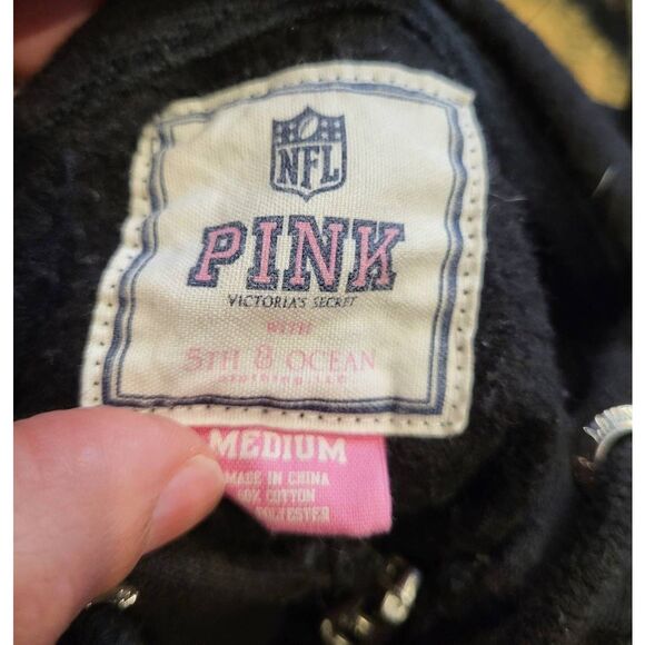 Vintage PINK Victoria's Secret NFL Hoodie Women's Medium Black Sequin Steelers - Picture 3 of 5